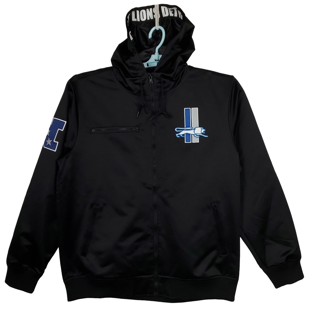 Detroit Lions Mitchell & Ness NFL Large Jacket Lined‎ Team Art Black Blue New
